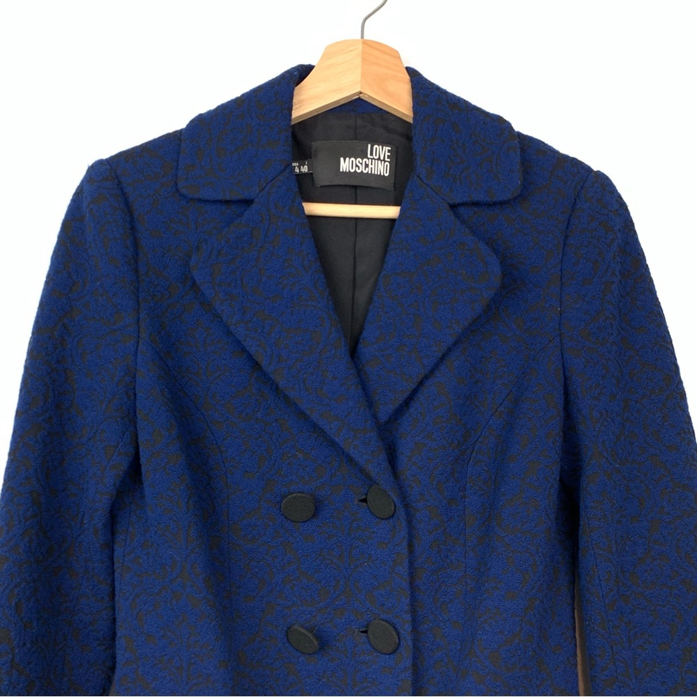 Love Moschino Jacket Blue Black Textured Sz 4 Belt Italy Quiet Luxury Elegant - Picture 2 of 14